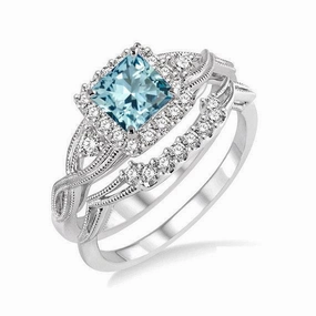 Chic Focus Filigree 1.25 ct Princess Aquamarine Wedding Ring Set