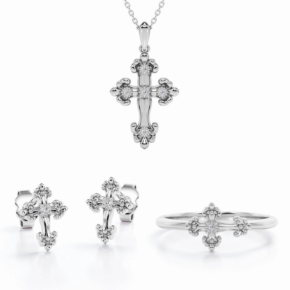 Filigree Jewelry Set 0.1 TCW Diamond with Rood Pendant, Earrings & Ring Subtle tone