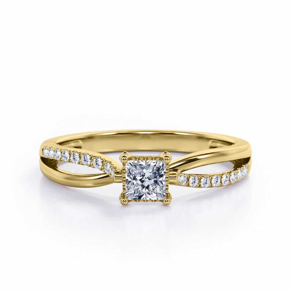 Gift For Him Filigree Prong Bezel - 0.3 TCW Princess Cut Diamond - Scalloped Pave Split Shank Engagement Ring - 10K White Gold