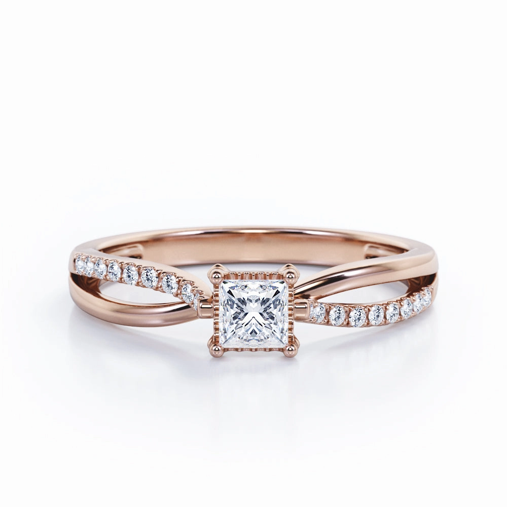 Filigree Prong Bezel - 0.3 TCW Princess Cut Diamond - Scalloped Pave Split Shank Engagement Ring - 10K White Gold Monogram Initial Lively Present