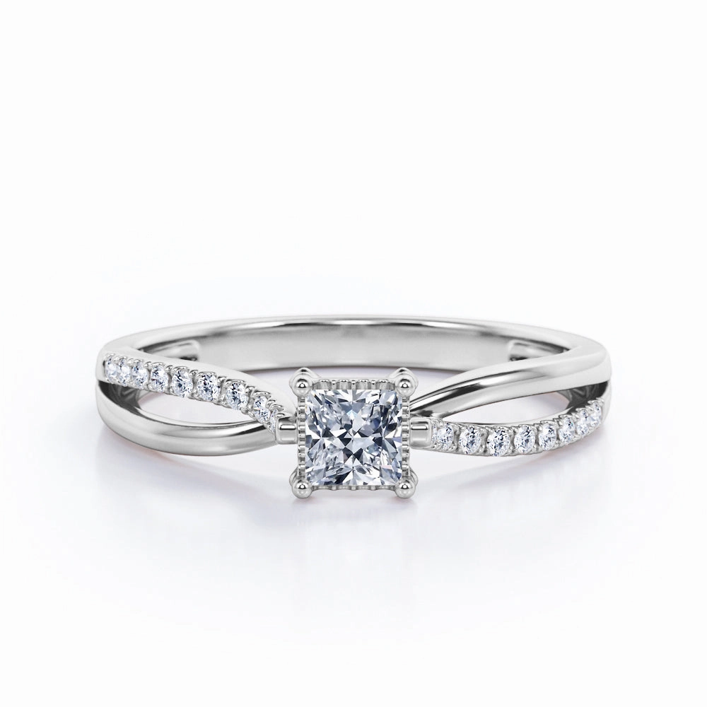 His Present Filigree Prong Bezel - 0.3 TCW Princess Cut Diamond - Scalloped Pave Split Shank Engagement Ring - 10K White Gold