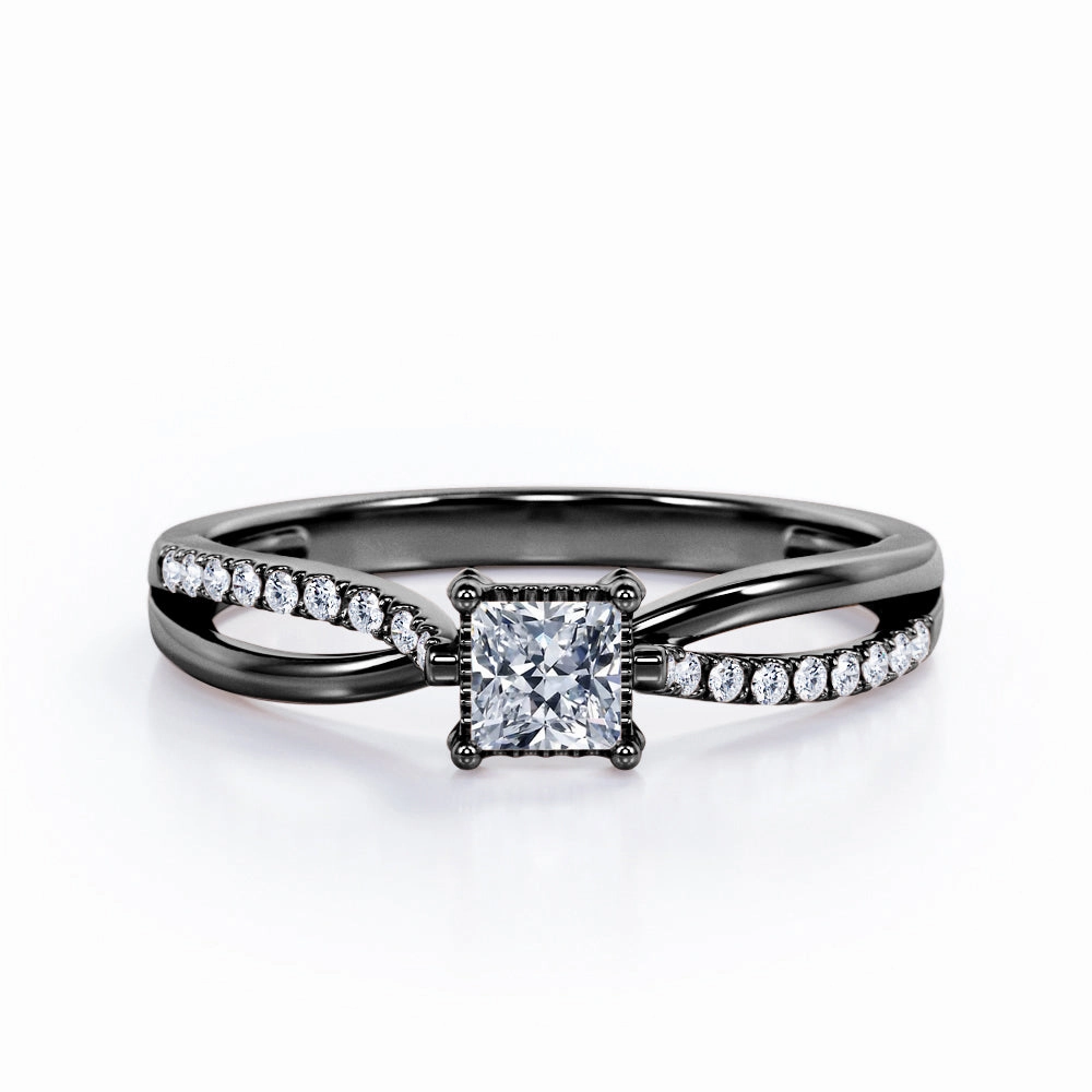 Filigree Prong Bezel - 0.3 TCW Princess Cut Diamond - Scalloped Pave Split Shank Engagement Ring - 10K White Gold Coated Material
