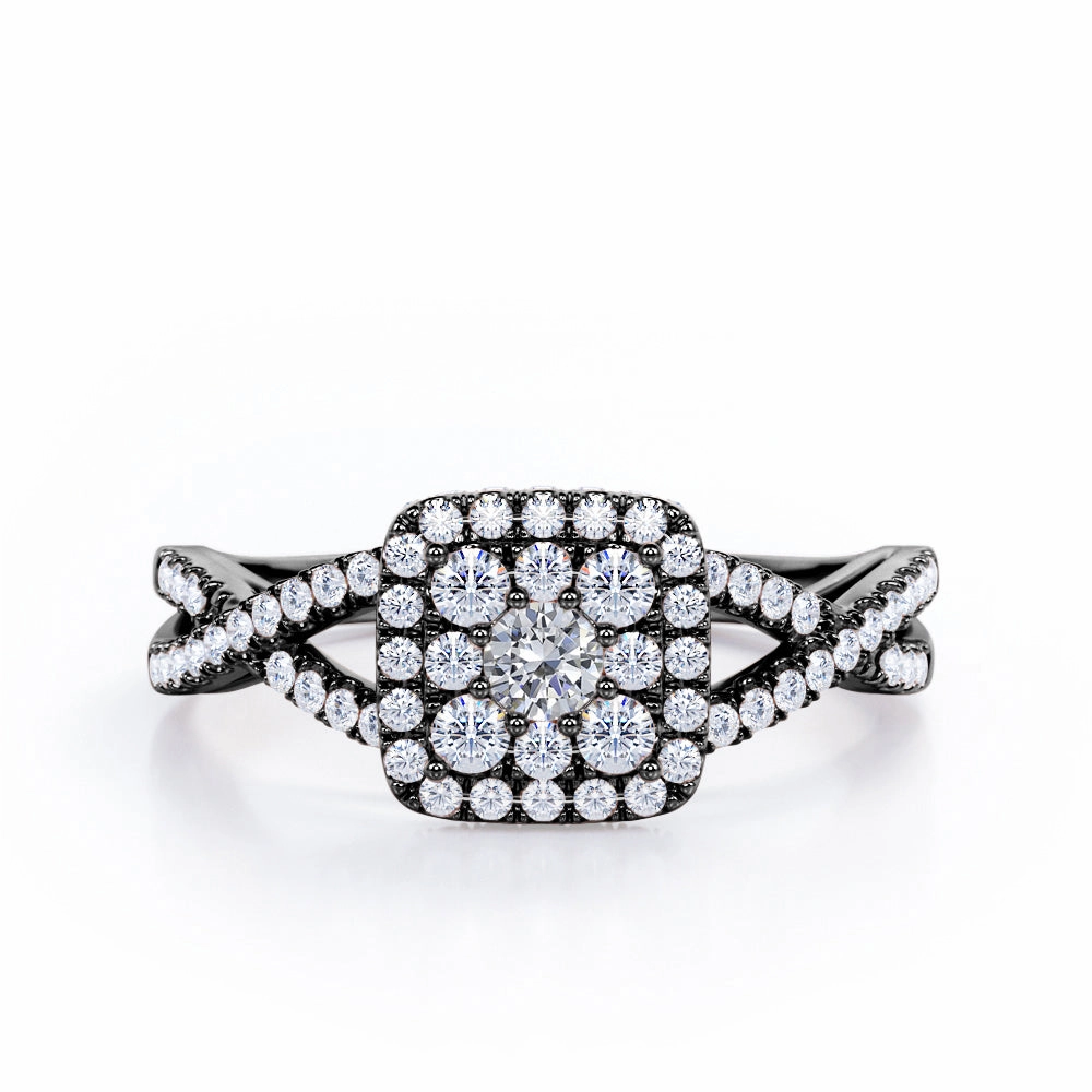 Pave Crossover - 0.5 TCW Round Cut Diamond - Flush Cluster Halo Engagement Ring - 10K White Gold Artful Detail Special Day