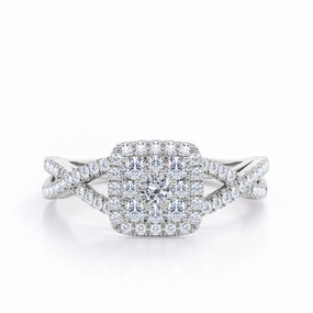 Refined Look Affordable Token Pave Crossover - 0.5 TCW Round Cut Diamond - Flush Cluster Halo Engagement Ring - 10K White Gold