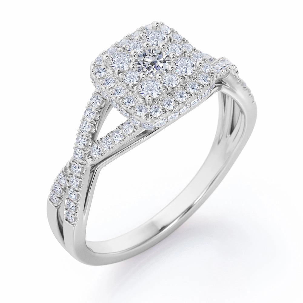 Pave Crossover - 0.5 TCW Round Cut Diamond - Flush Cluster Halo Engagement Ring - 10K White Gold Superior Embellishment