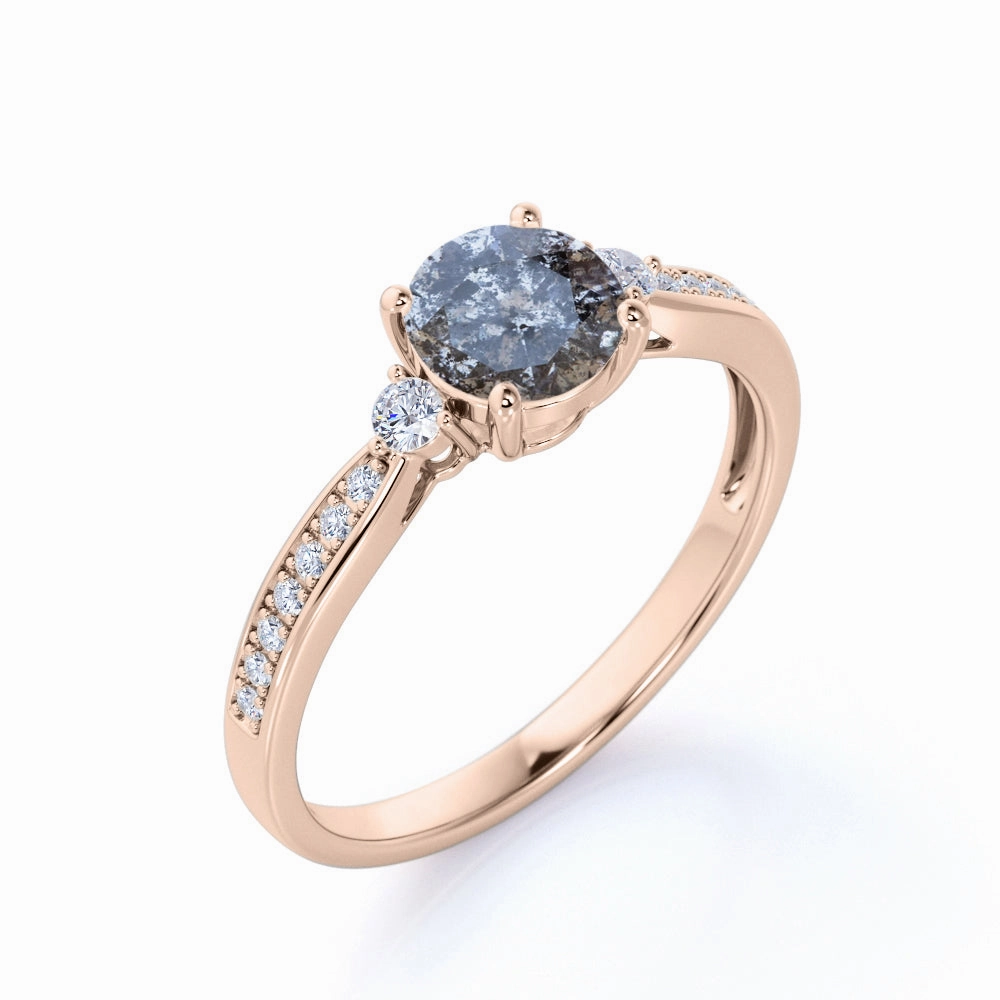 Quality Work Attractive Look 1 Ct Round Salt and Pepper Diamond Three Stone Engagement Ring