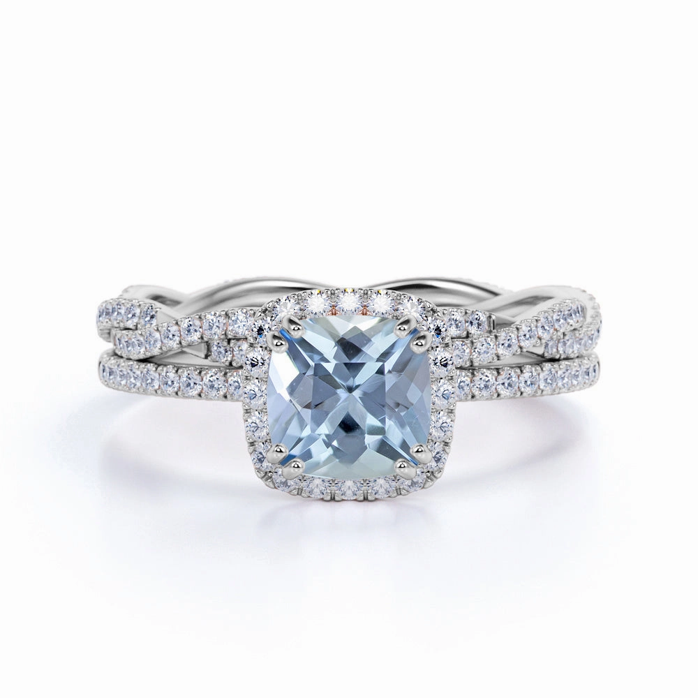 Vintage Statement Dramatic Effect Infinity 1.50 ct Cushion Aquamarine Halo Wedding Ring Set