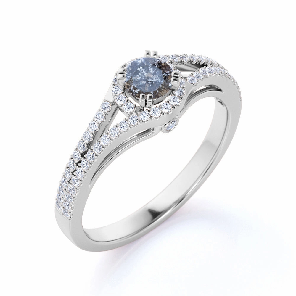 1.25 Ct Round Salt and Pepper Diamond Halo Engagement Ring Lightweight Build