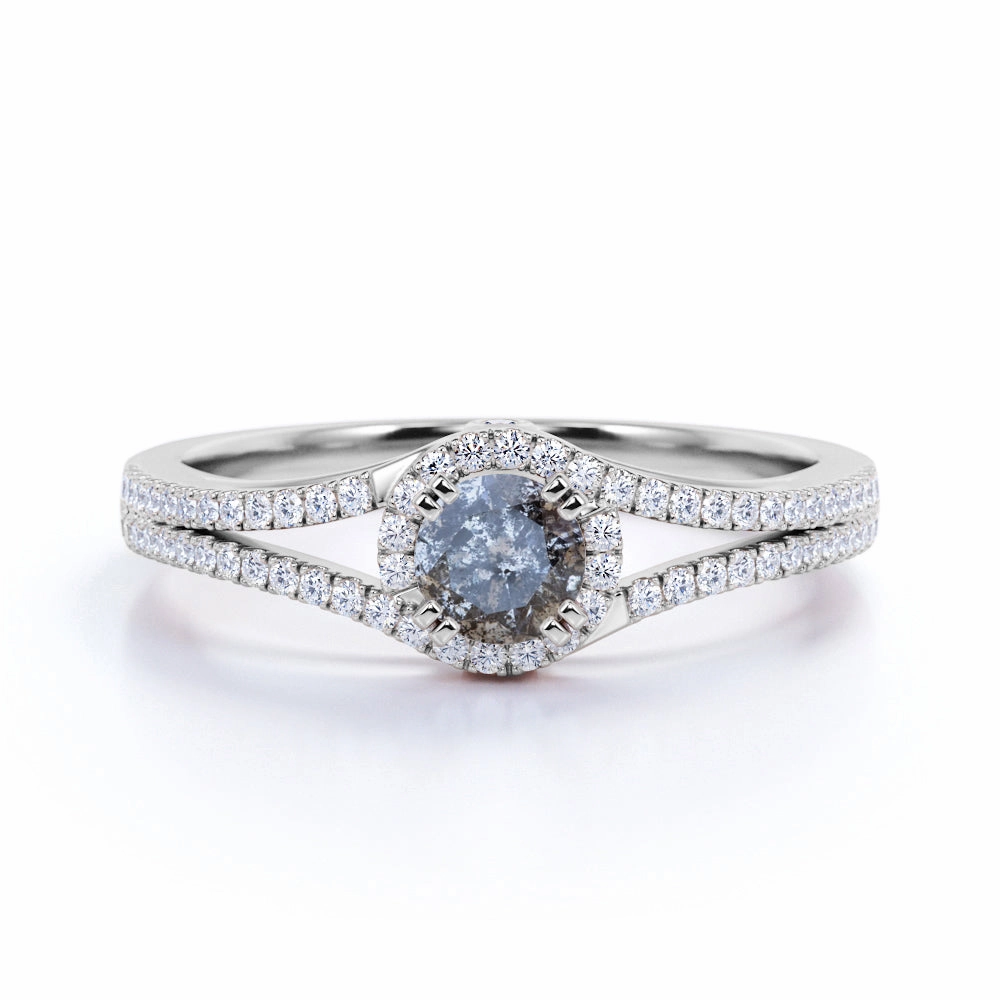 1.25 Ct Round Salt and Pepper Diamond Halo Engagement Ring Shiny Style