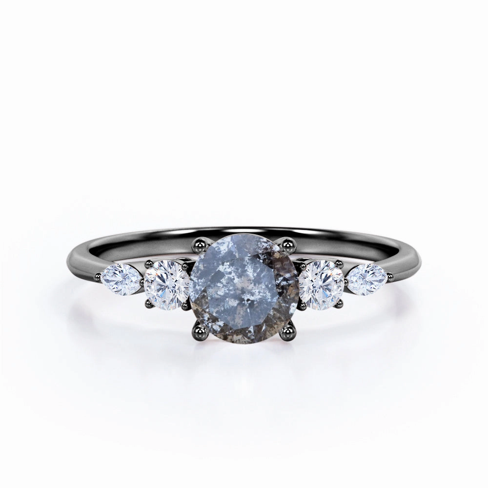 Five Stone 0.55 Ct Round Salt and Pepper Diamond Engagement Ring Generational Piece Economical Adornment