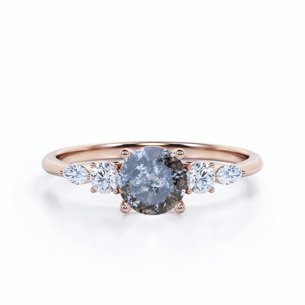 Flirty Accent Five Stone 0.55 Ct Round Salt and Pepper Diamond Engagement Ring