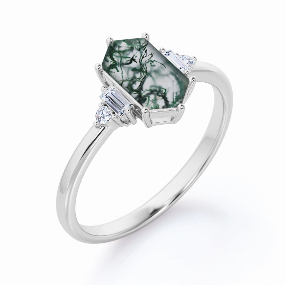 Unique Accent Stylish Form Five Stone 0.8 Carat Hexagon Moss Agate Engagement Ring