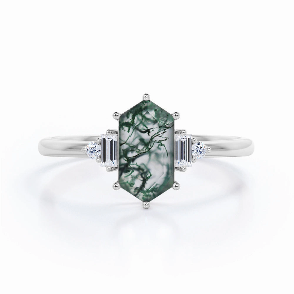 Five Stone 0.8 Carat Hexagon Moss Agate Engagement Ring Romantic Symbol Eternal Art