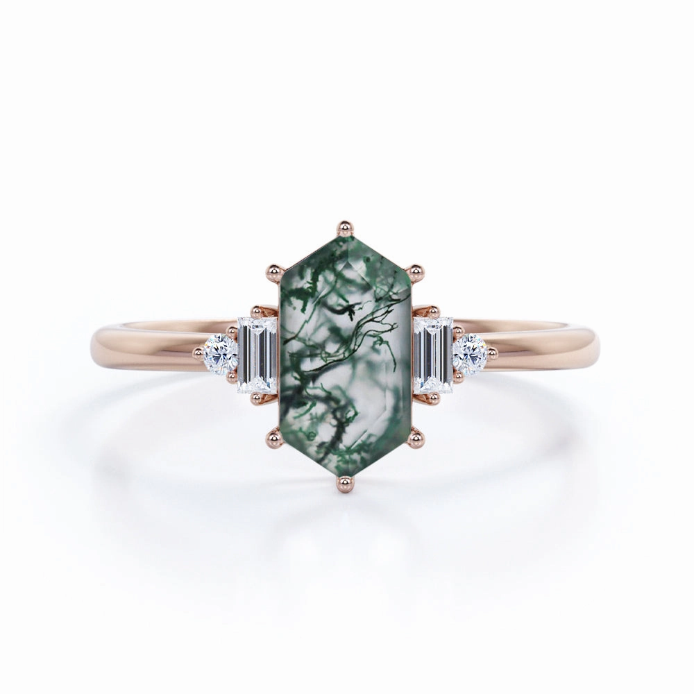 Five Stone 0.8 Carat Hexagon Moss Agate Engagement Ring Simple Adornment Polished Detail