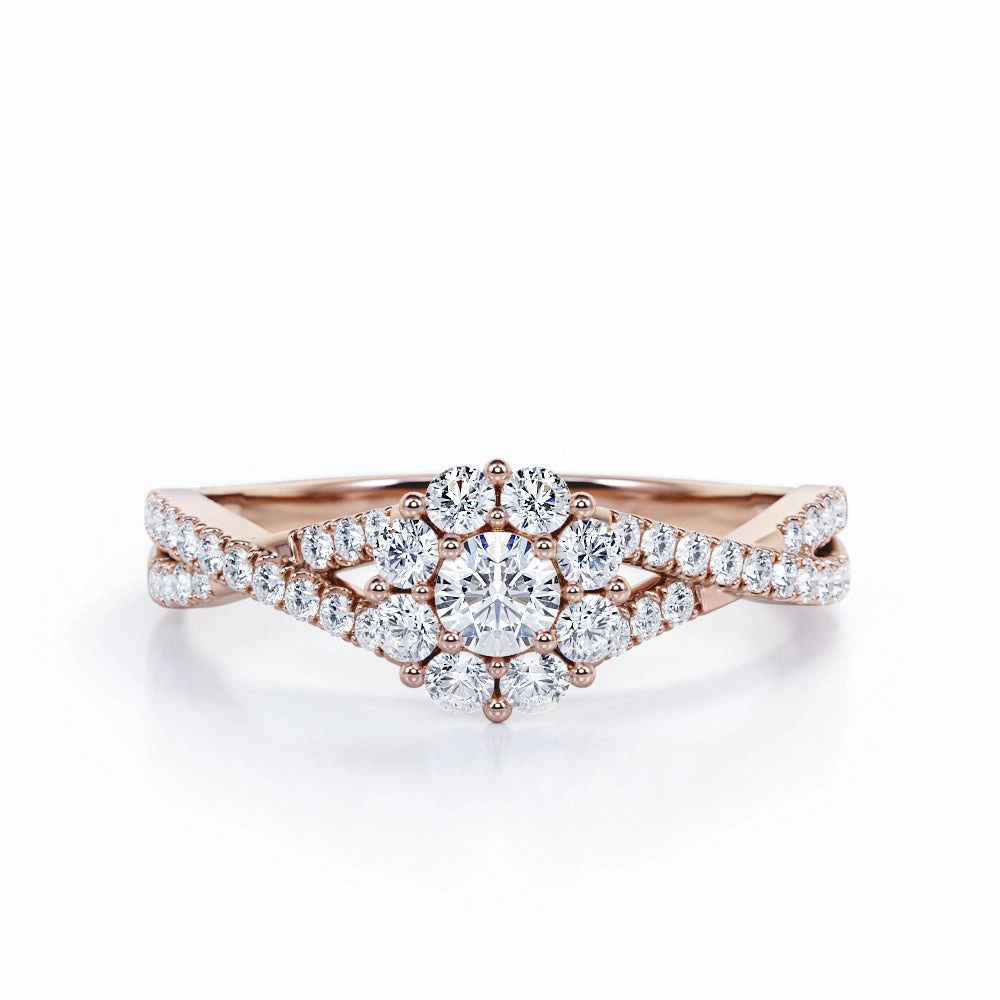 Infinity Twisted Shank 0.5 TCW Round-Shaped Diamond Halo Setting Engagement Ring in 10K Rose Gold Artistic Adornment Chic Craft