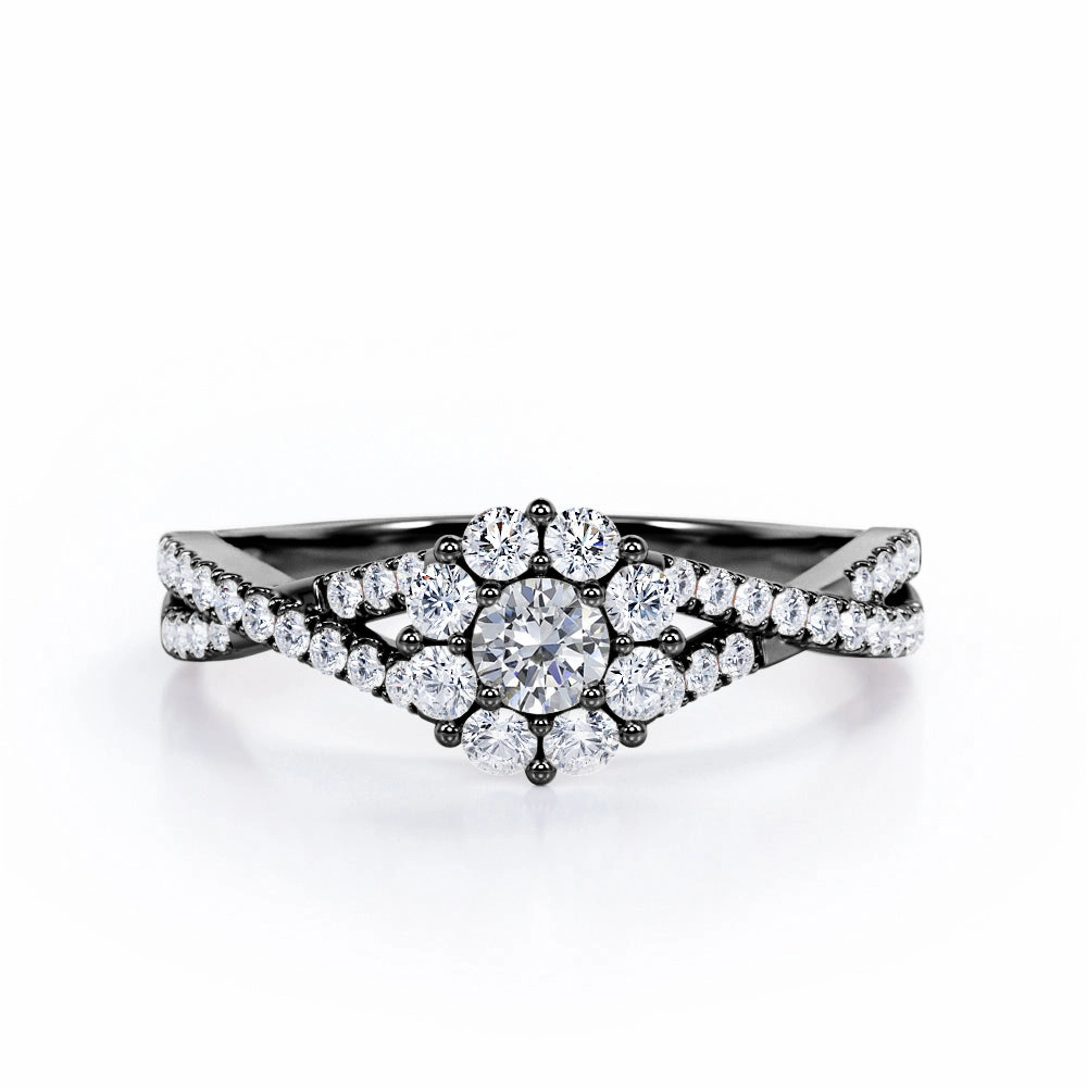 High-End Work Infinity Twisted Shank 0.5 TCW Round-Shaped Diamond Halo Setting Engagement Ring in 10K Rose Gold