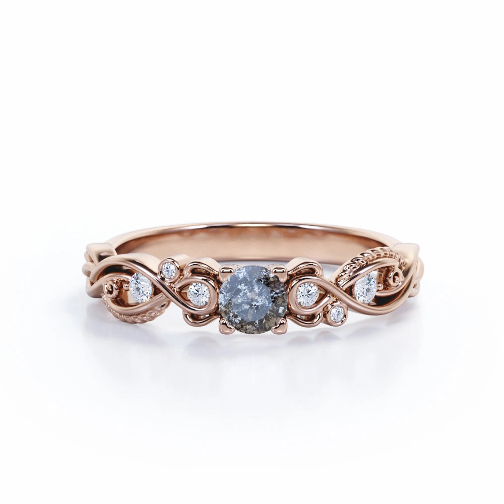 Floral 0.50 Ct Round Salt and Pepper Diamond Engagement Ring Elegant Style Superior Item