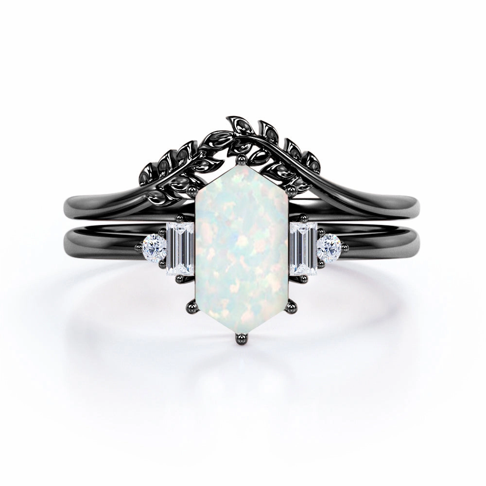 New Style Minimal Simplicity Floral 1.15 Ct Hexagon Cut Lab Created Opal Wedding Ring Set