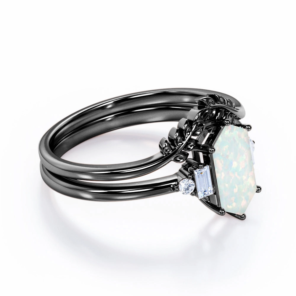Exquisite Adornment Trendy Decoration Floral 1.15 Ct Hexagon Cut Lab Created Opal Wedding Ring Set