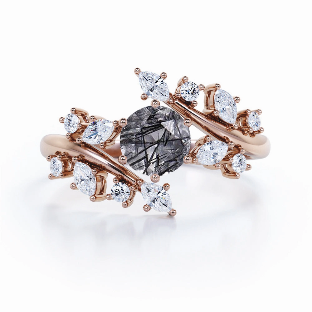 Signature Present Classic Art Floral 1.35 ct Round Black Rutilated Quartz Engagement Ring