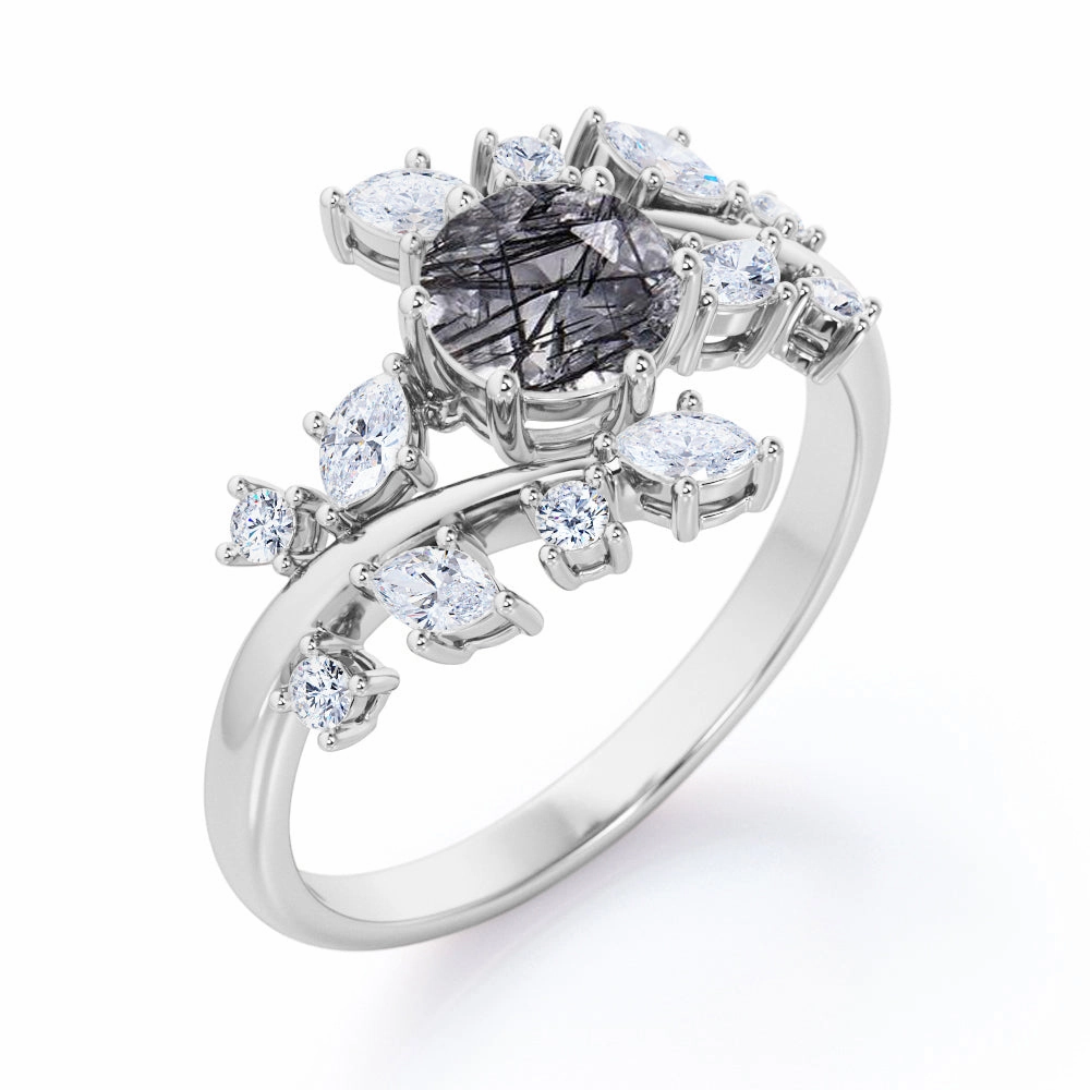 Floral 1.35 ct Round Black Rutilated Quartz Engagement Ring Unique Embellishment