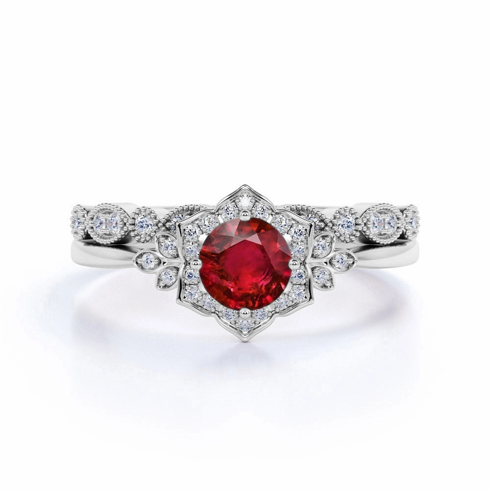 Floral 1.45 ct Round Lab-Created Ruby Vintage Wedding Set Refined Jewelry Delicate Token