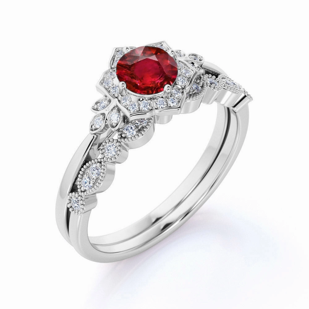Floral 1.45 ct Round Lab-Created Ruby Vintage Wedding Set Brilliant Gift