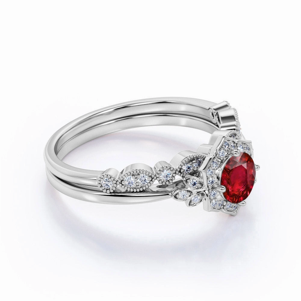 Future Classic Floral 1.45 ct Round Lab-Created Ruby Vintage Wedding Set