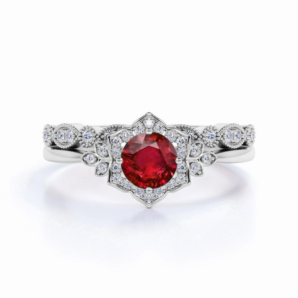 Floral 1.45 ct Round Lab-Created Ruby Vintage Wedding Set Bold Item