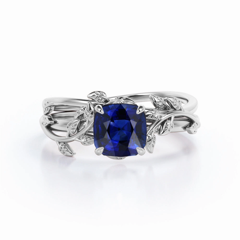Modern Classic Floral 1 Ct Cushion Cut Lab Sapphire Wedding Ring Set