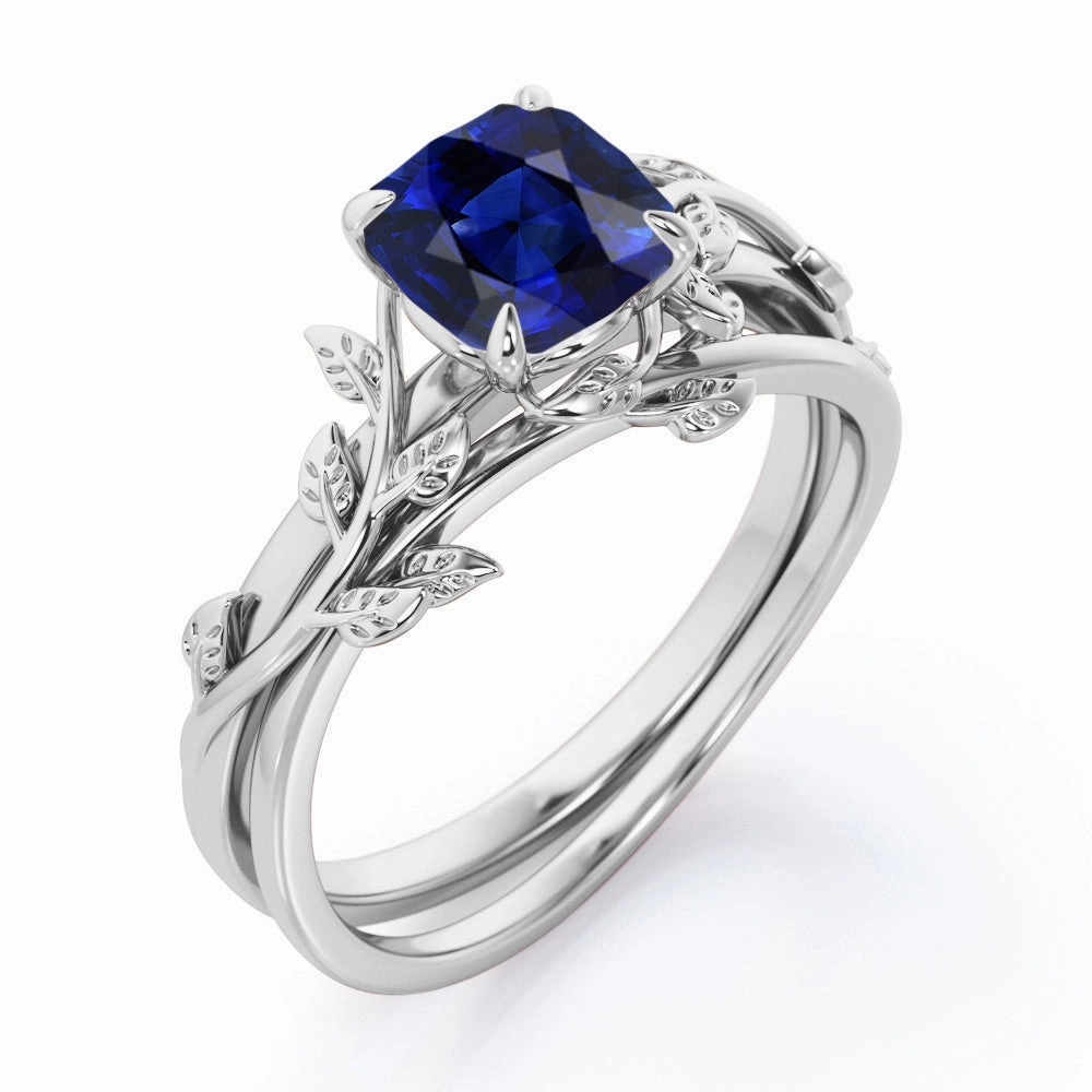 Floral 1 Ct Cushion Cut Lab Sapphire Wedding Ring Set Unique Jewelry Artisan Crafted