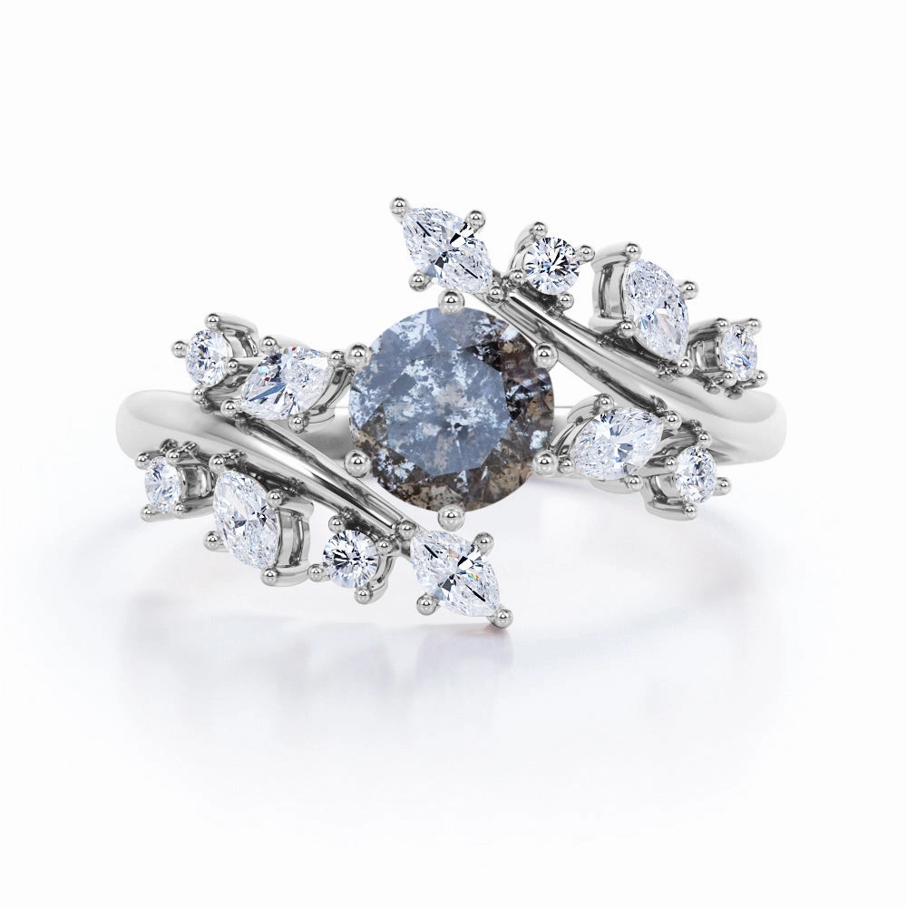 Symbolic Use Brilliant Expression Floral 1 Ct Round Salt and Pepper Diamond Engagement Ring