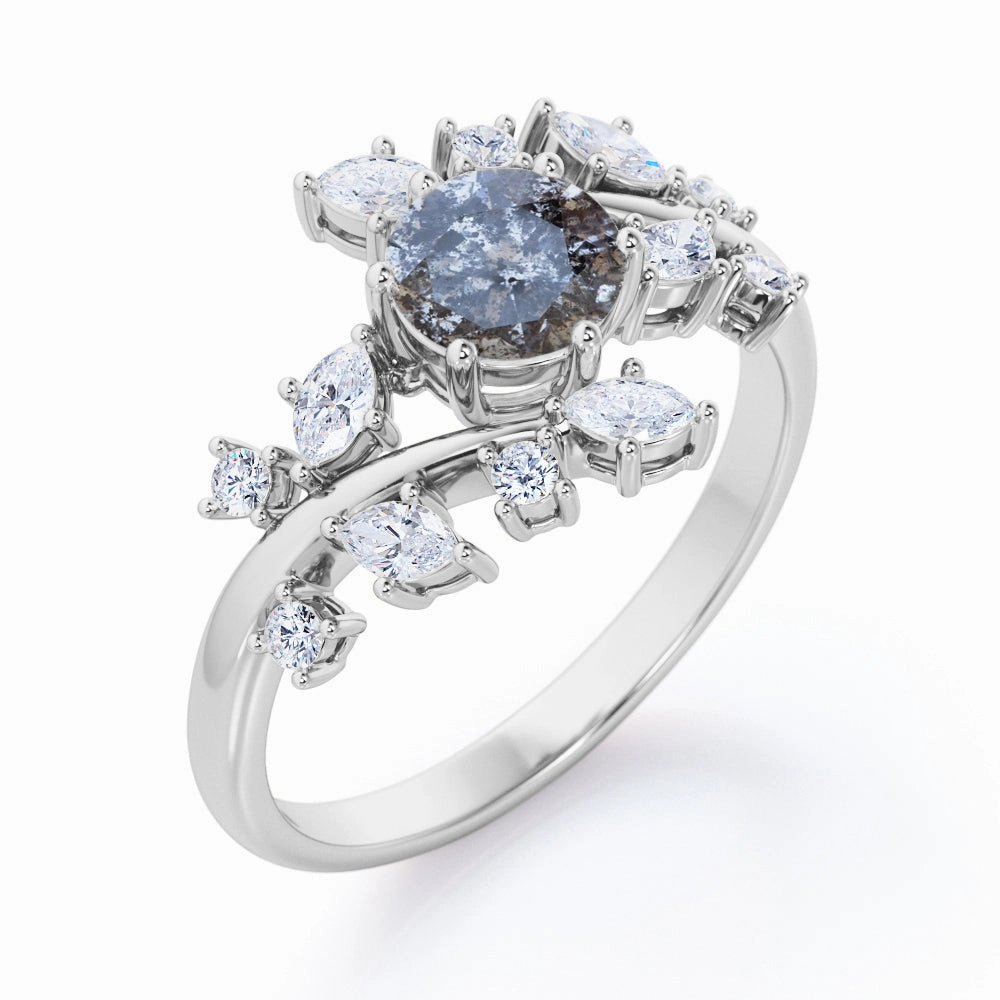 Event Accent Fantastic Adornment Floral 1 Ct Round Salt and Pepper Diamond Engagement Ring