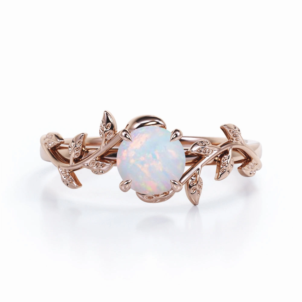 Floral Art Deco 1 Carat Round Cut Genuine Opal Nature Inspired Engagement Ring In Rose Gold For Her Industrial Made