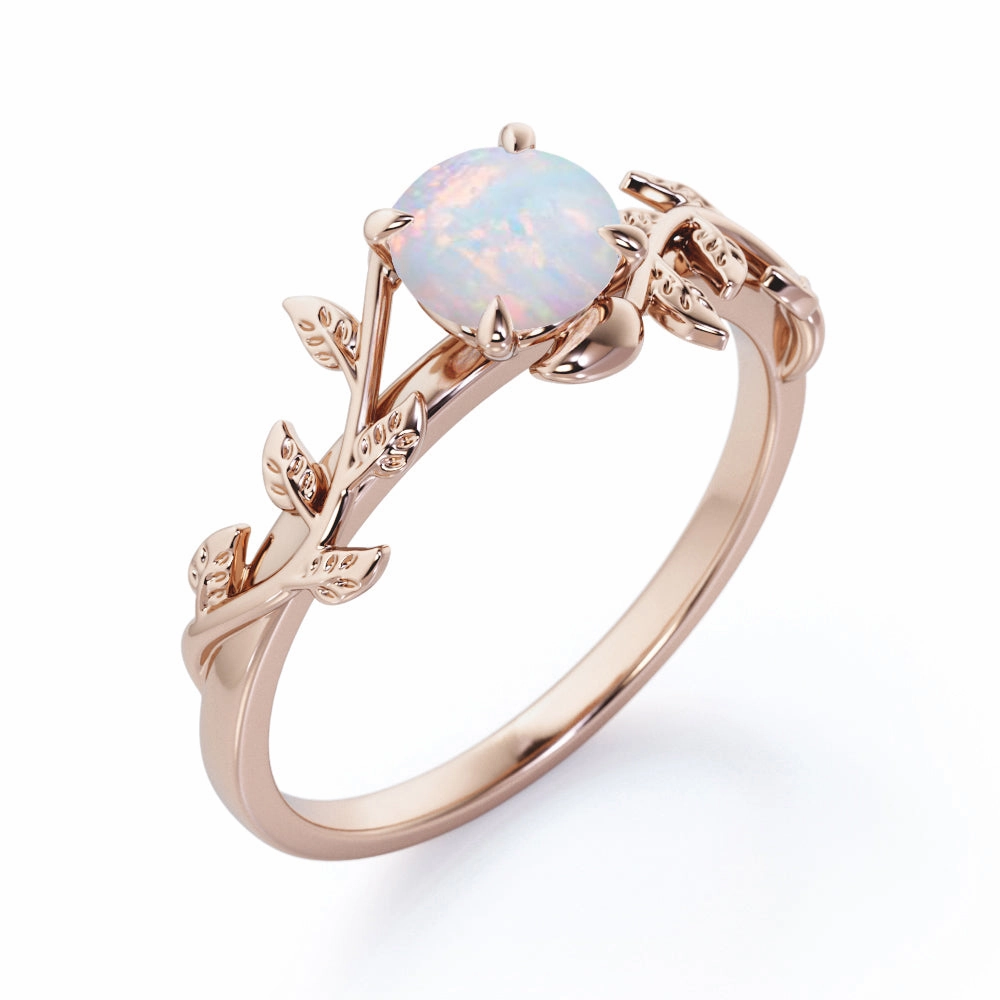 Floral Art Deco 1 Carat Round Cut Genuine Opal Nature Inspired Engagement Ring In Rose Gold For Her Quality Symbol