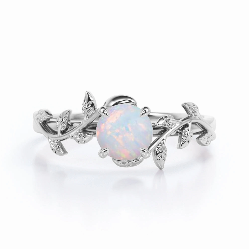 Modern Accent Floral Art Deco 1 Carat Round Cut Genuine Opal Nature Inspired Engagement Ring In Rose Gold For Her