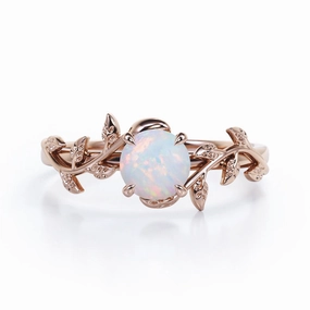 Floral Art Deco 1 Carat Round Cut Genuine Opal Nature Inspired Engagement Ring In Rose Gold For Her Industrial Made