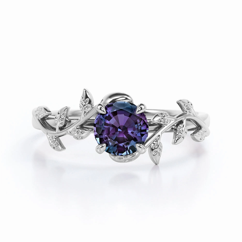 Neutral Finish Floral Art Deco 1 Carat Round Cut Lab Created Alexandrite Nature Inspired Engagement Ring In White Gold For Her