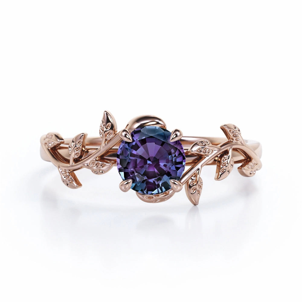 Fashion highlight Artisan Embellishment Floral Art Deco 1 Carat Round Cut Lab Created Alexandrite Nature Inspired Engagement Ring In White Gold For Her