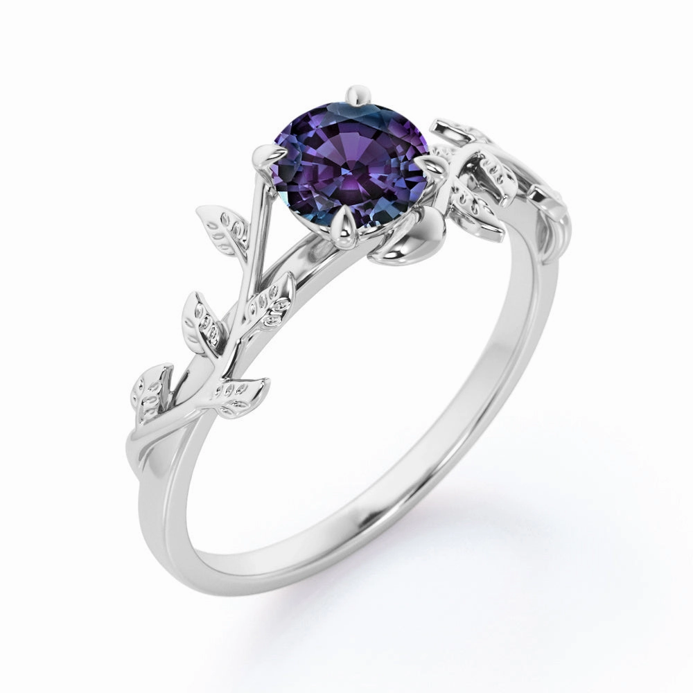 Floral Art Deco 1 Carat Round Cut Lab Created Alexandrite Nature Inspired Engagement Ring In White Gold For Her Trendy Piece