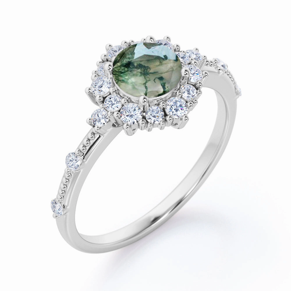Digital Component Floral Cluster 1.20 ct Round Moss Agate Engagement Ring