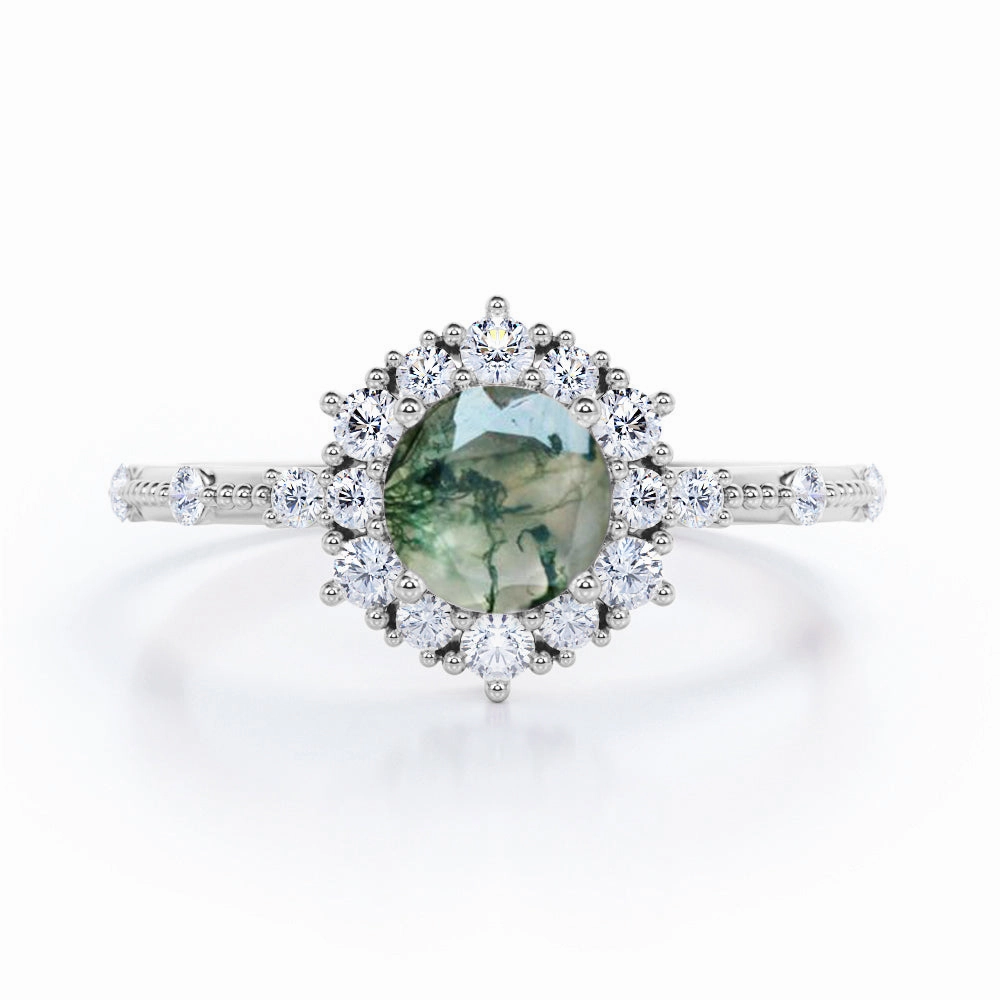 Exclusive Symbol Floral Cluster 1.20 ct Round Moss Agate Engagement Ring