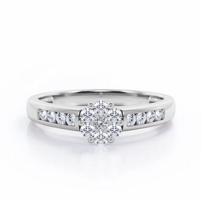 Personal Emblem Floral Cluster Design 0.35 TCW Round-Shaped Diamond Flush-Channel Engagement Ring in 10K White Gold