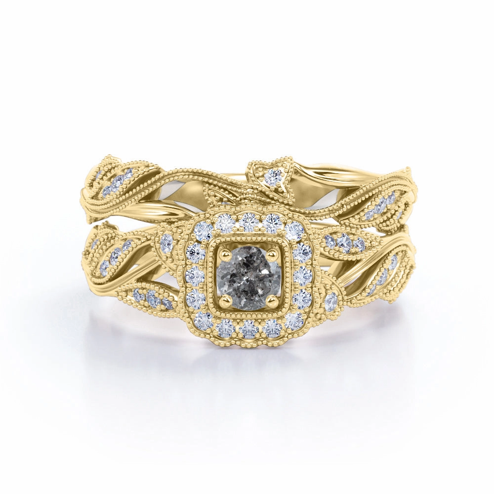 Floral Leaf Halo 0.95 Carat Round Cut Fancy Black Grey Salt and Pepper Diamond and Milgrain Art Deco Wedding Ring Sets Stylish Form