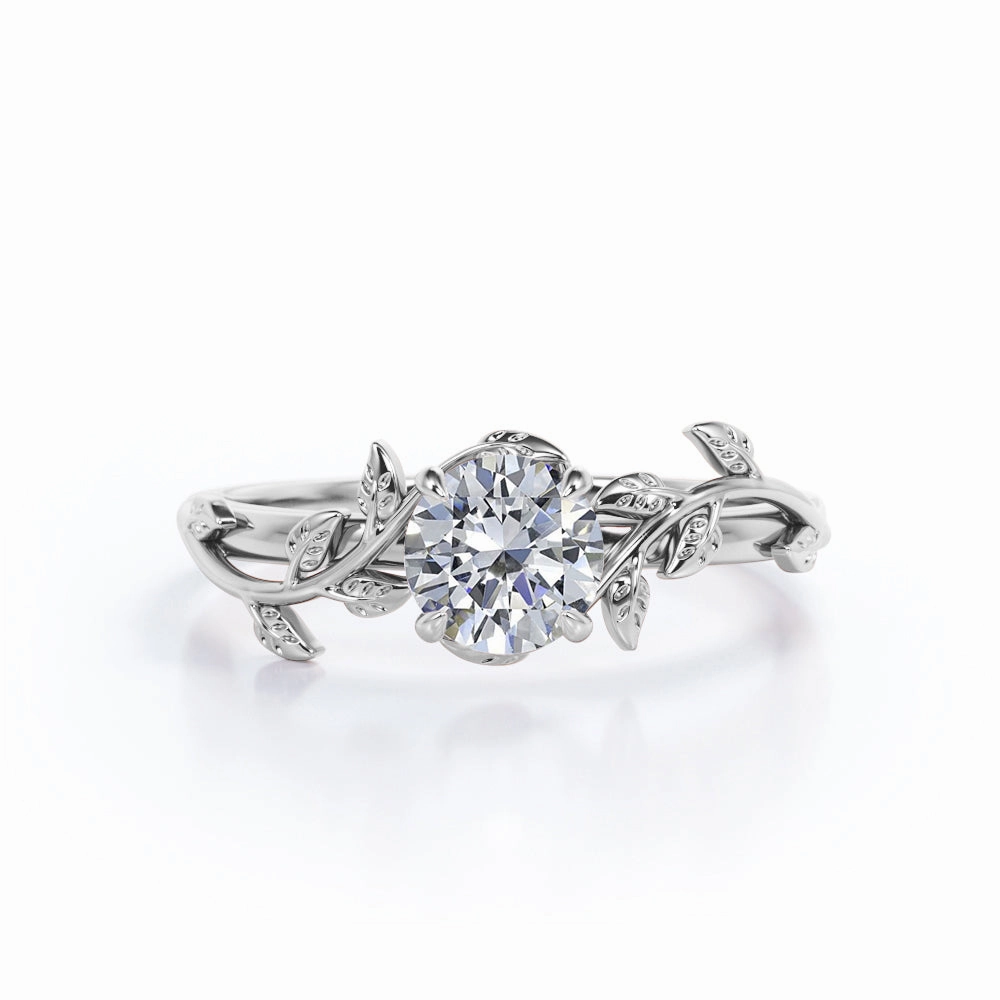 Exclusive Embellishment Floral Solitaire 1 Carat Round cut Moissanite Solitaire Engagement Ring in 10k White Gold