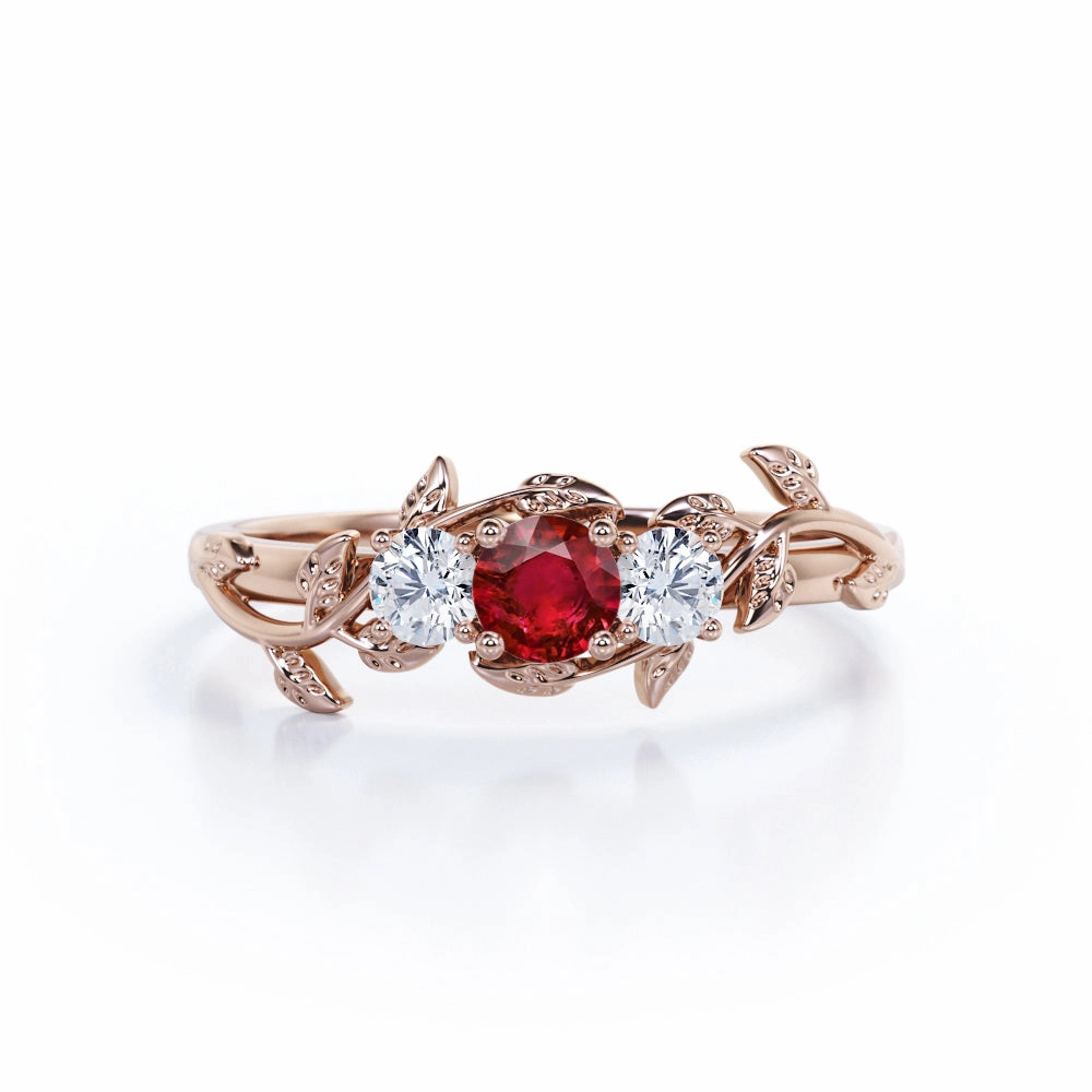 Delicate Craft Petite Accessory Floral Three-Stone 0.70 ct Round Lab-Created Ruby Engagement Ring