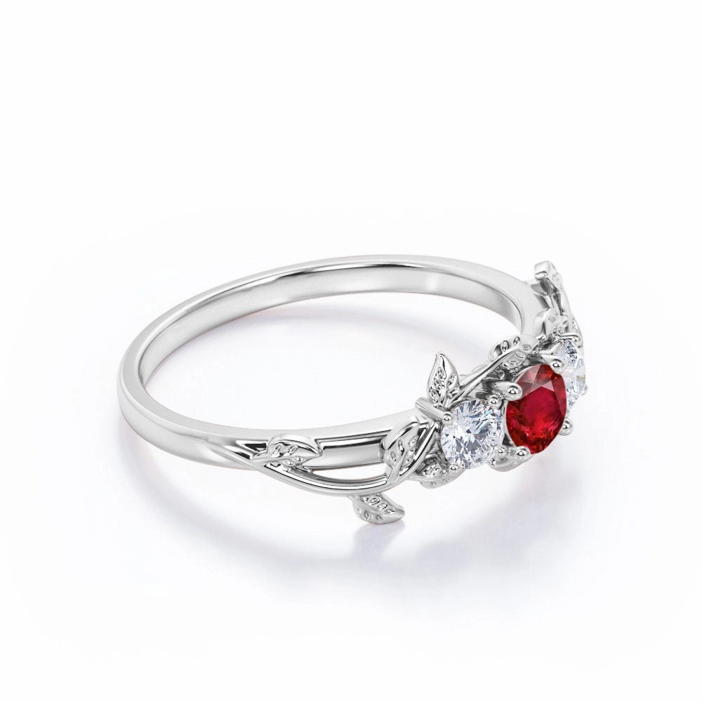 Figurative Art Stylish Embellishment Floral Three-Stone 0.70 ct Round Lab-Created Ruby Engagement Ring