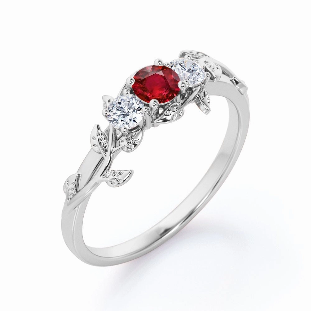 Floral Three-Stone 0.70 ct Round Lab-Created Ruby Engagement Ring Polished Harmony Romantic Adornment