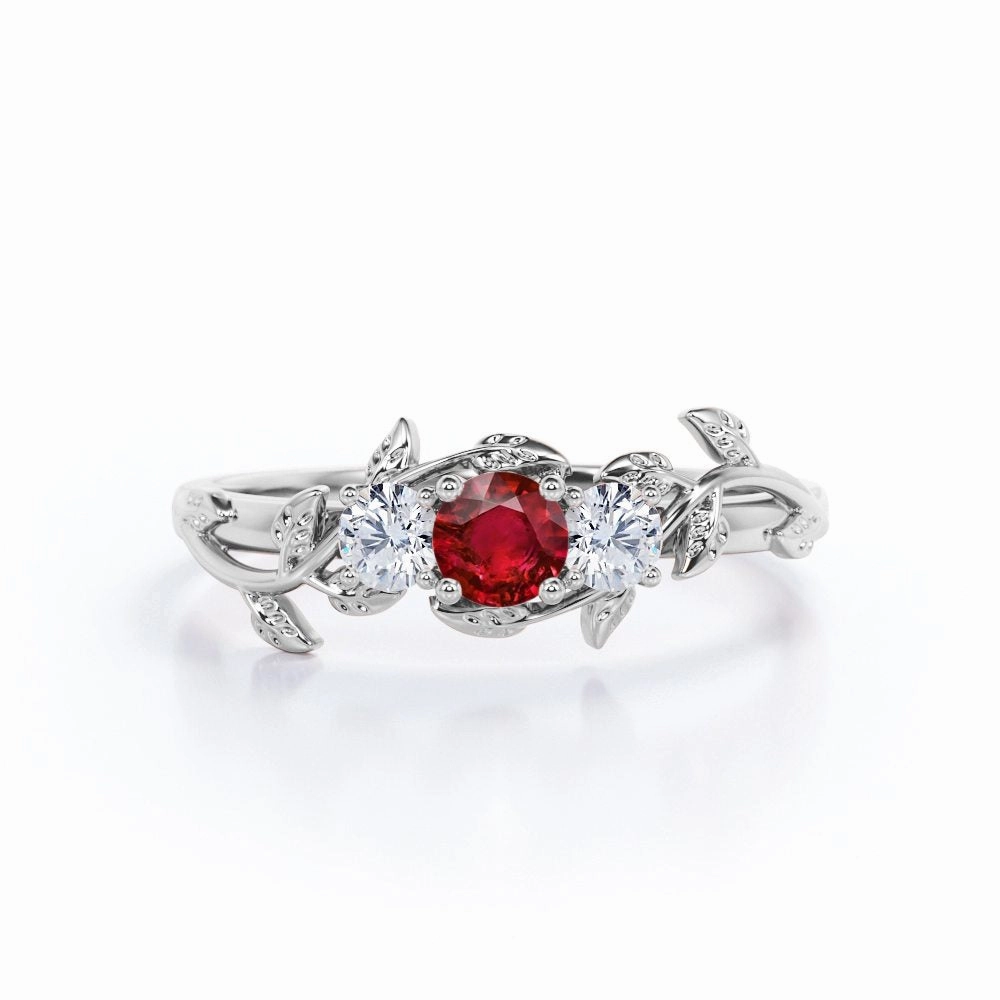Floral Three-Stone 0.70 ct Round Lab-Created Ruby Engagement Ring Minimal Balance