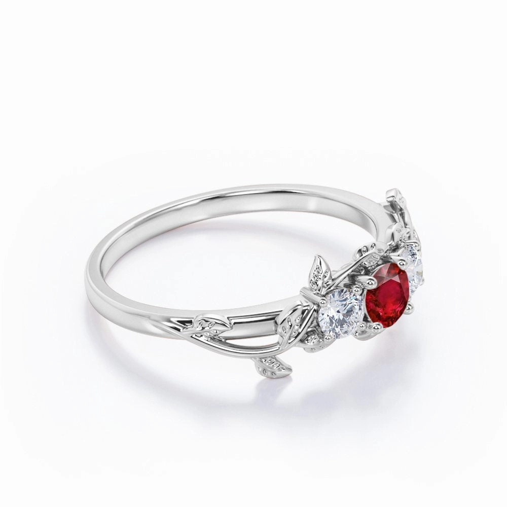 Floral Three-Stone 0.70 ct Round Lab-Created Ruby Engagement Ring Anniversary Accent Romantic Look